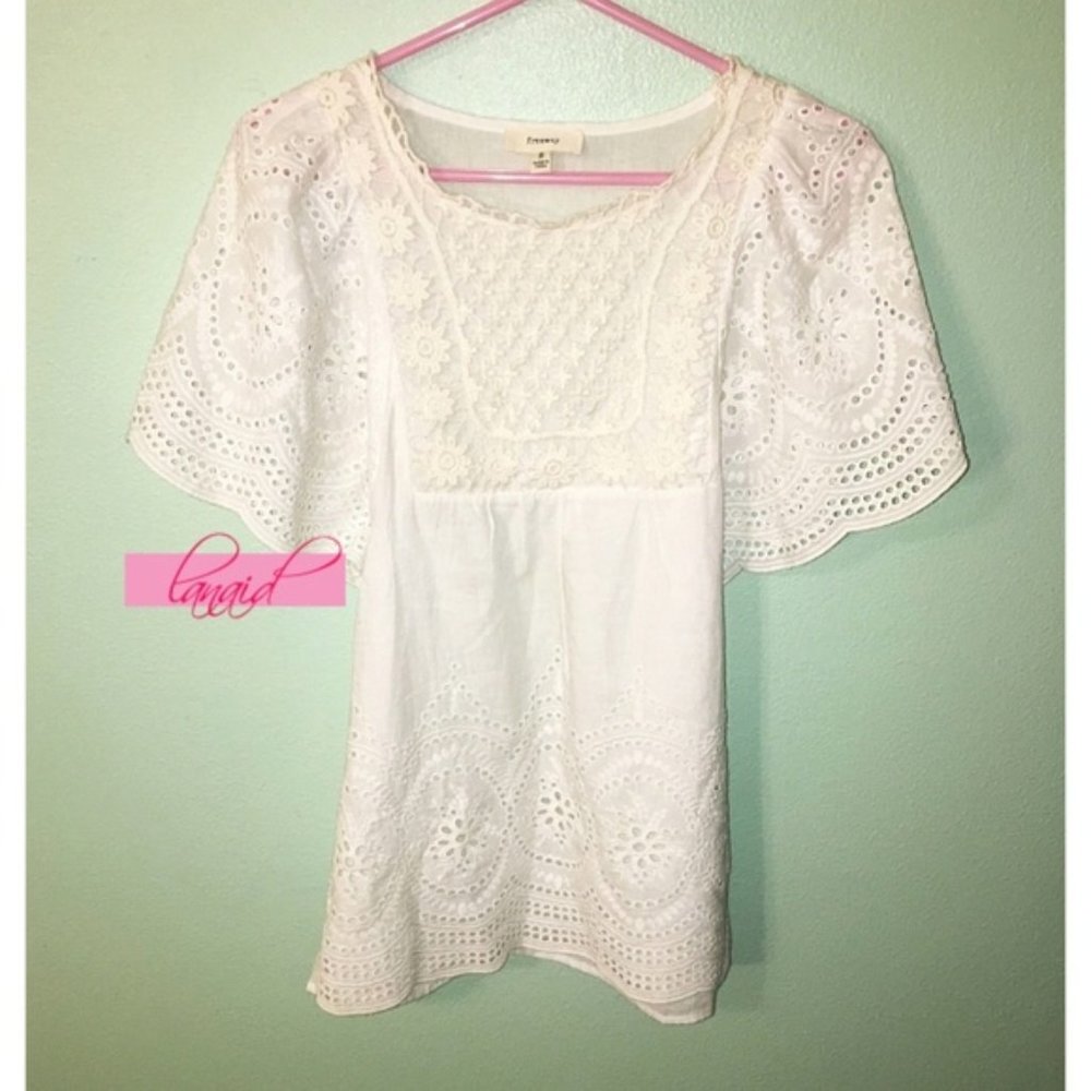 Freeway Ivory Eyelet Cut-Outs Floral Lace Crochet Romantic Tunic Long Blouse Top